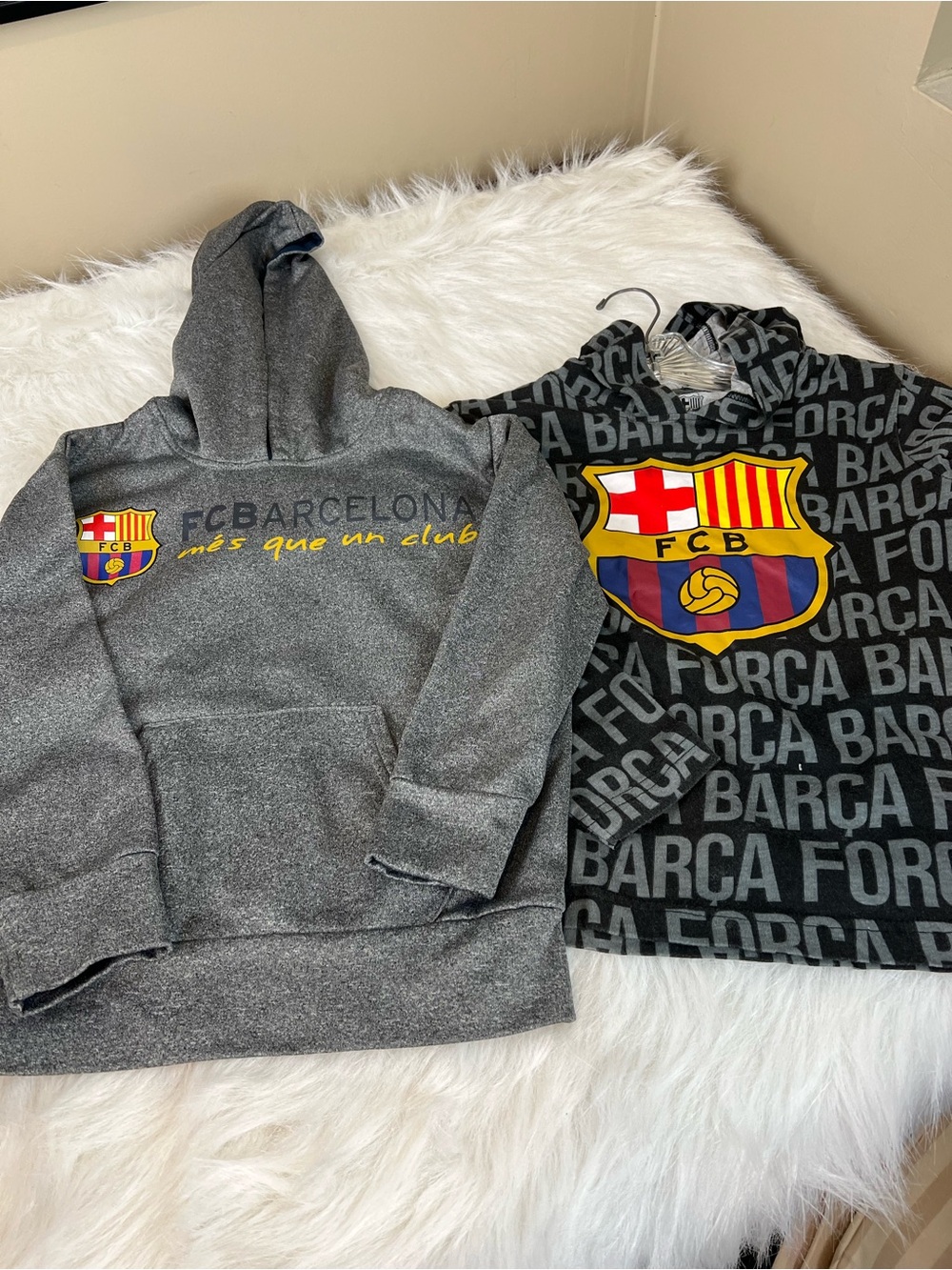 Two FC Barcelona Hoodies with Crest - Black & Gray kids small